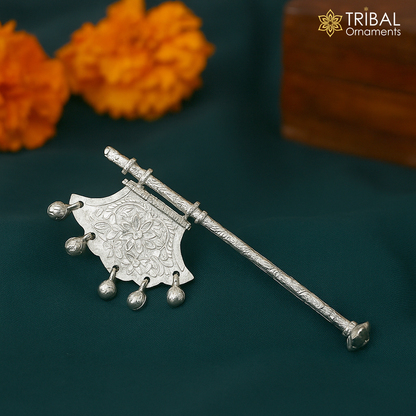 925 sterling silver pankhi fan for god puja, small silver hand fan featuring traditional design, ideal for Laddu Gopala Krishna rituals