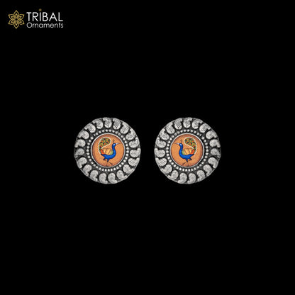 925 sterling silver peacock design painting miniature art Painting  stud earring s1354 - TRIBAL ORNAMENTS