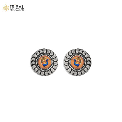 925 sterling silver peacock design painting miniature art Painting  stud earring s1354 - TRIBAL ORNAMENTS