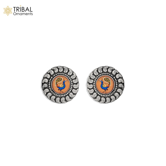 925 sterling silver peacock design painting miniature art Painting  stud earring s1354 - TRIBAL ORNAMENTS