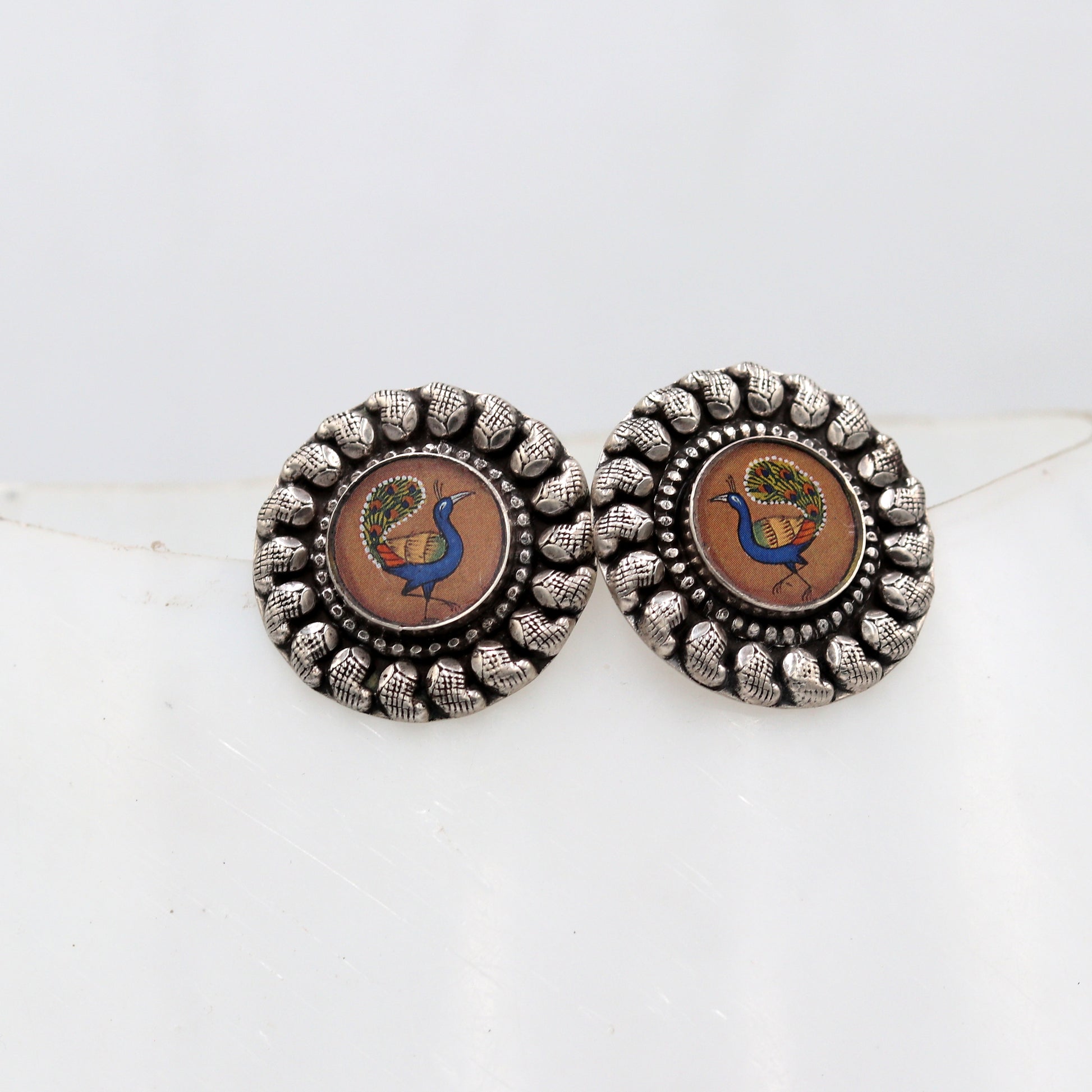 925 sterling silver peacock design painting miniature art Painting  stud earring s1354 - TRIBAL ORNAMENTS