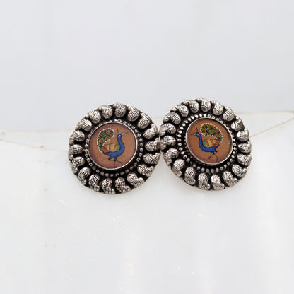 925 sterling silver peacock design painting miniature art Painting  stud earring s1354 - TRIBAL ORNAMENTS
