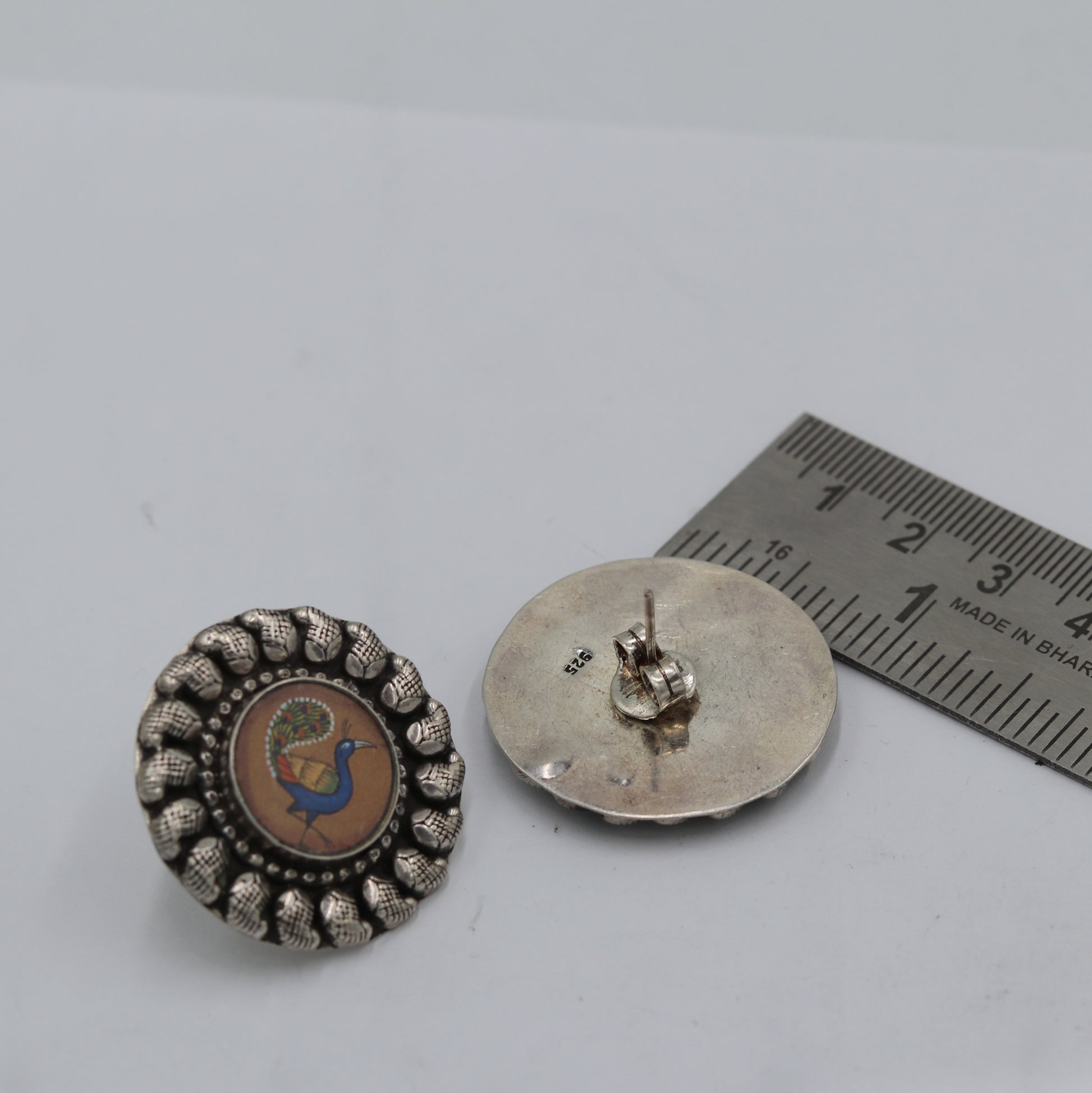 925 sterling silver peacock design painting miniature art Painting  stud earring s1354 - TRIBAL ORNAMENTS