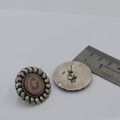 925 sterling silver peacock design painting miniature art Painting  stud earring s1354 - TRIBAL ORNAMENTS