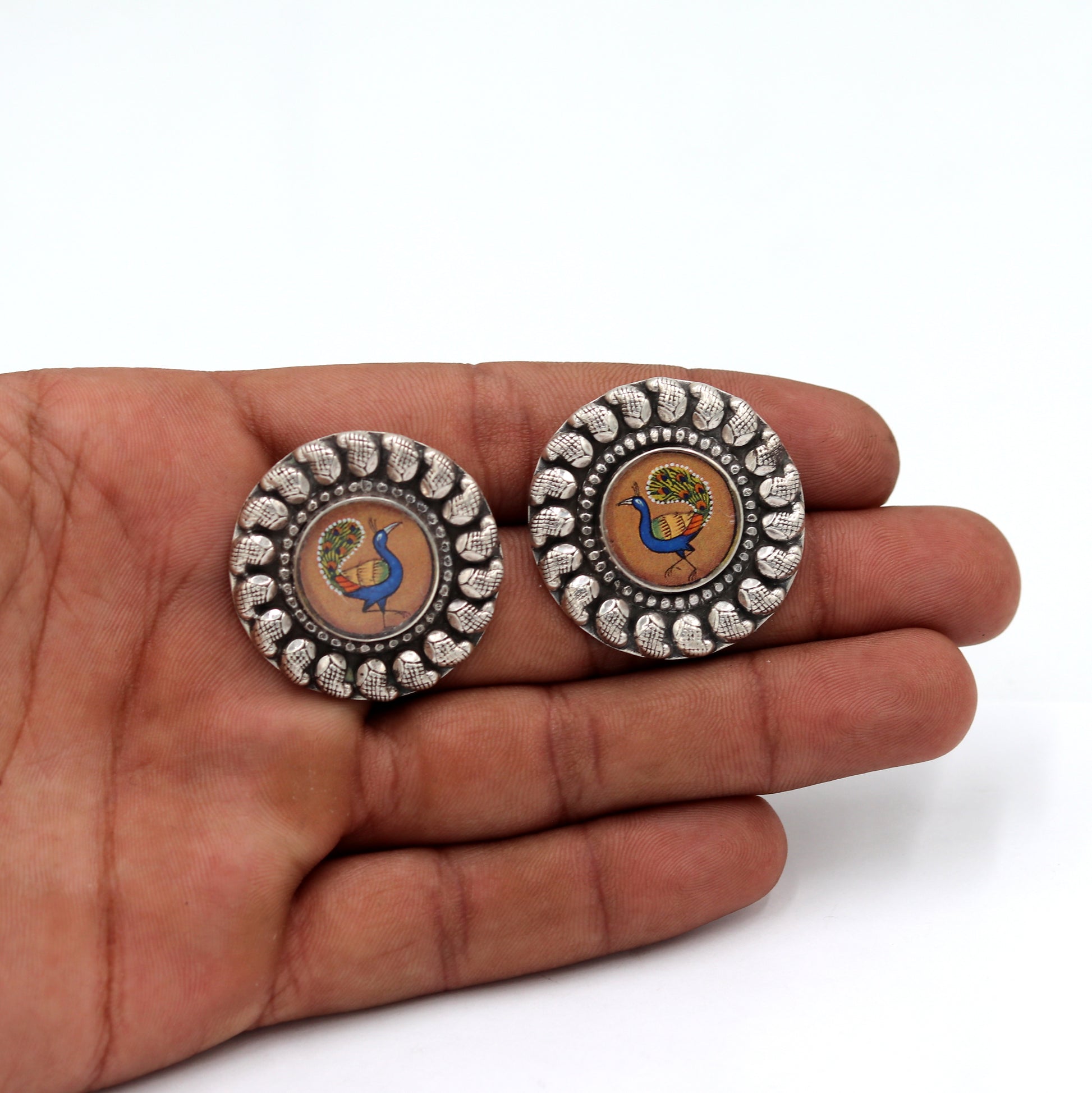 925 sterling silver peacock design painting miniature art Painting  stud earring s1354 - TRIBAL ORNAMENTS