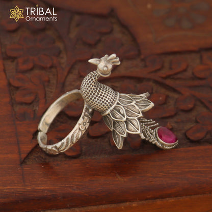 925 sterling silver peacock design ring with adjustable size traditional jewelry sr826 - TRIBAL ORNAMENTS