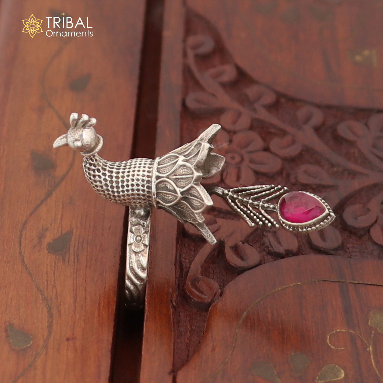 925 sterling silver peacock design ring with adjustable size traditional jewelry sr826 - TRIBAL ORNAMENTS