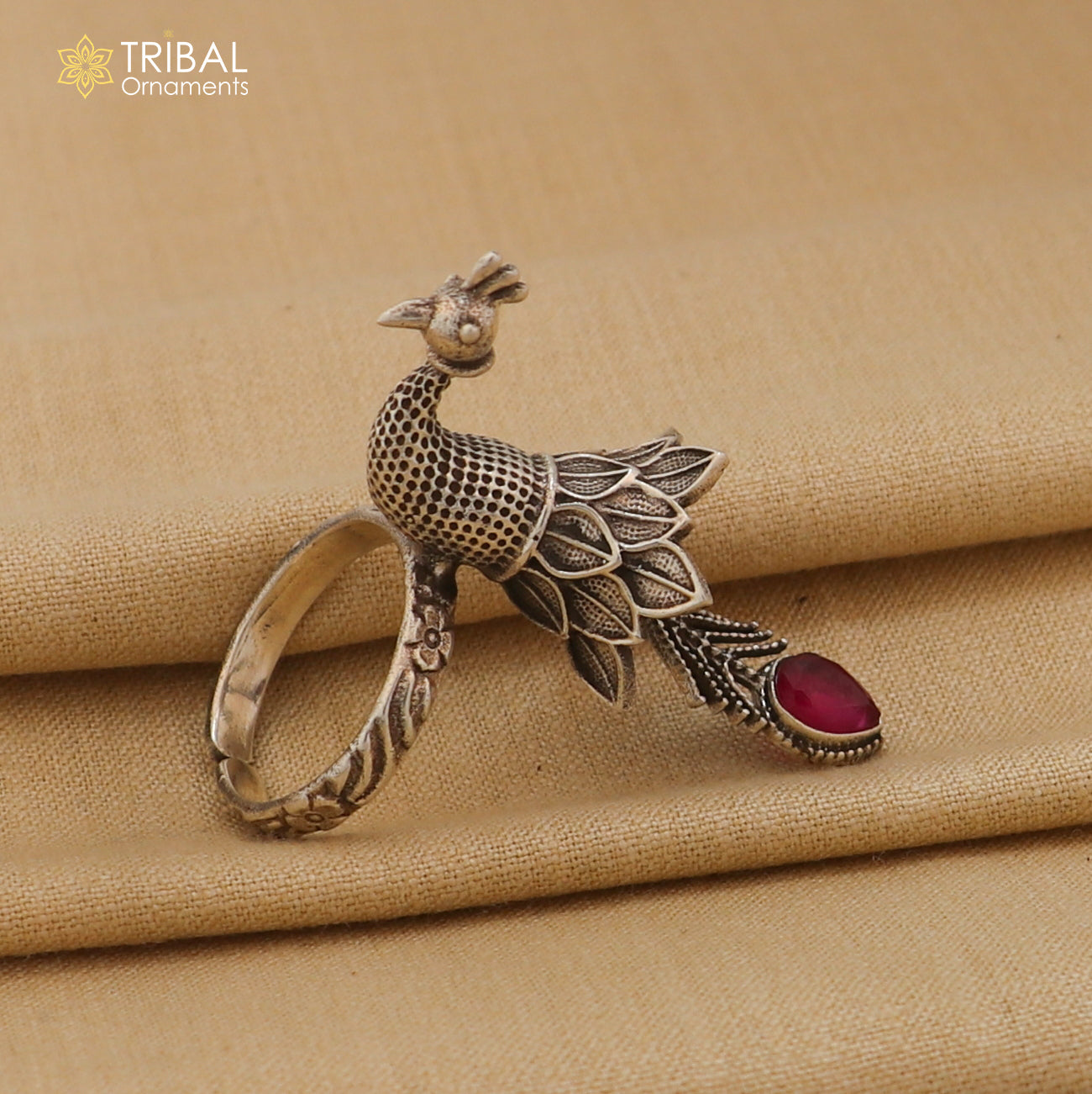 925 sterling silver peacock design ring with adjustable size traditional jewelry sr826 - TRIBAL ORNAMENTS
