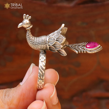 925 sterling silver peacock design ring with adjustable size traditional jewelry sr826 - TRIBAL ORNAMENTS