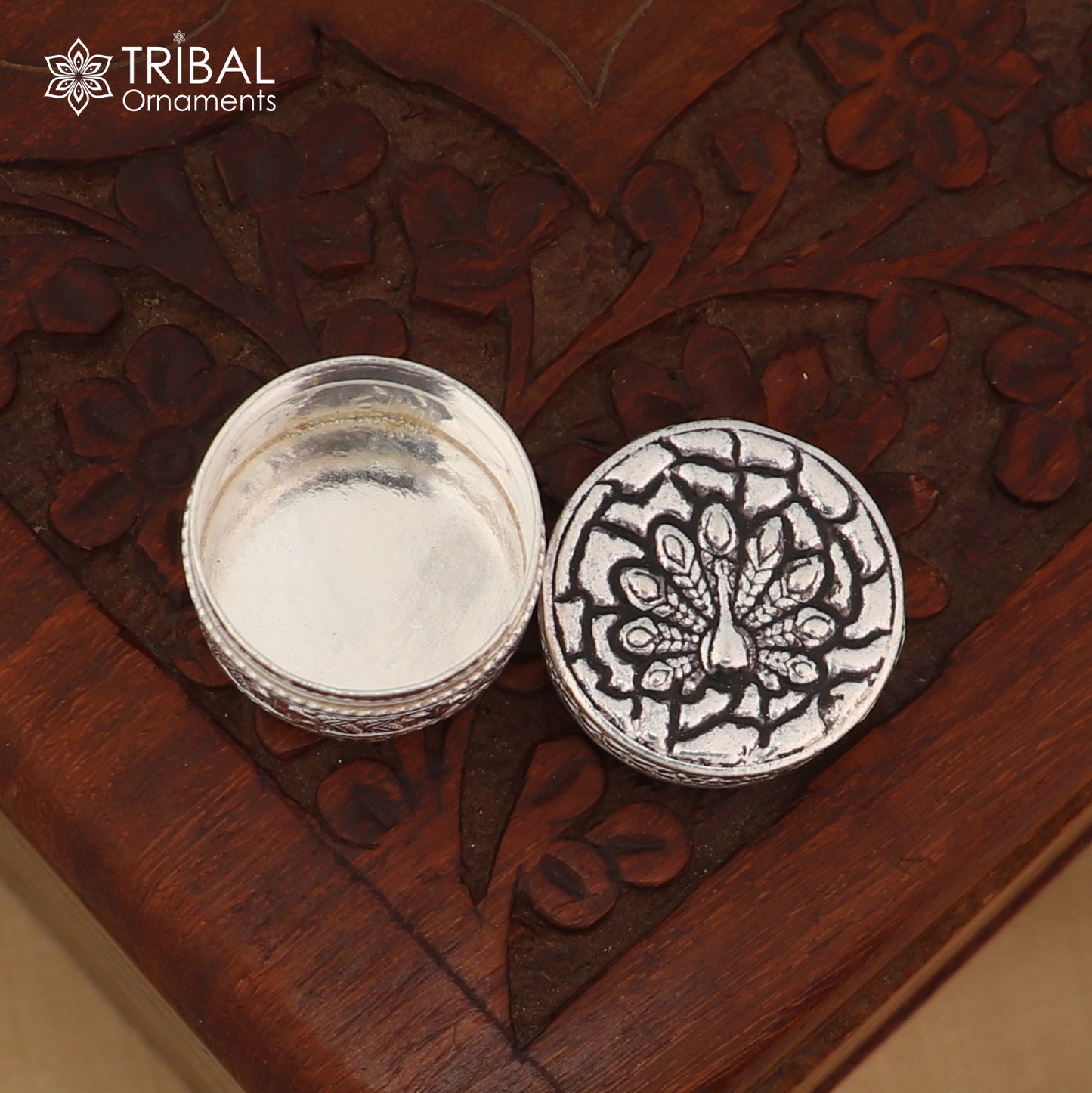 925 sterling silver peacock design trinket, casket, Sindoor box brides jewelry stb888 - TRIBAL ORNAMENTS