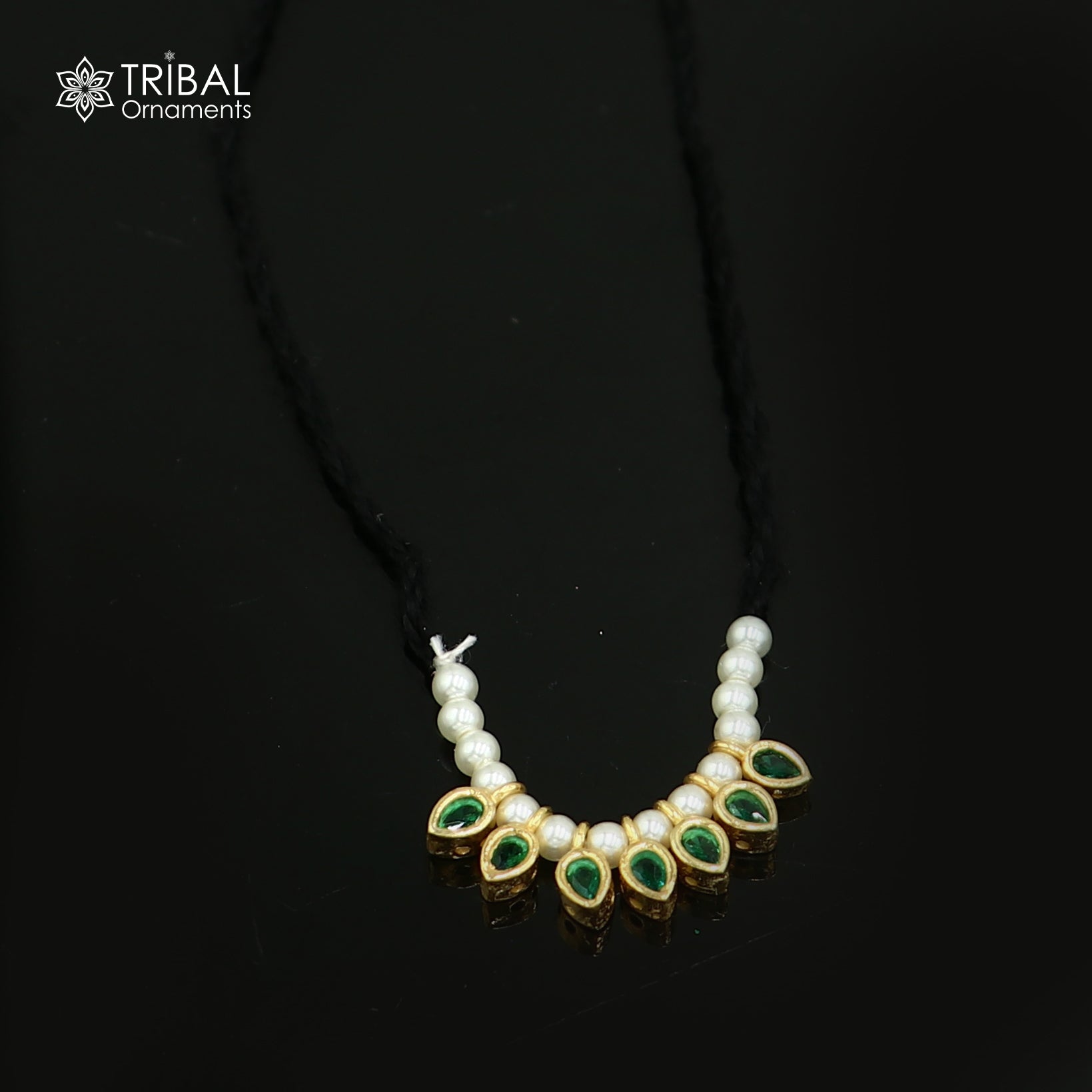 925 sterling silver pearl style green stone necklace for idols or god statues gold polished jewelry set781 - TRIBAL ORNAMENTS