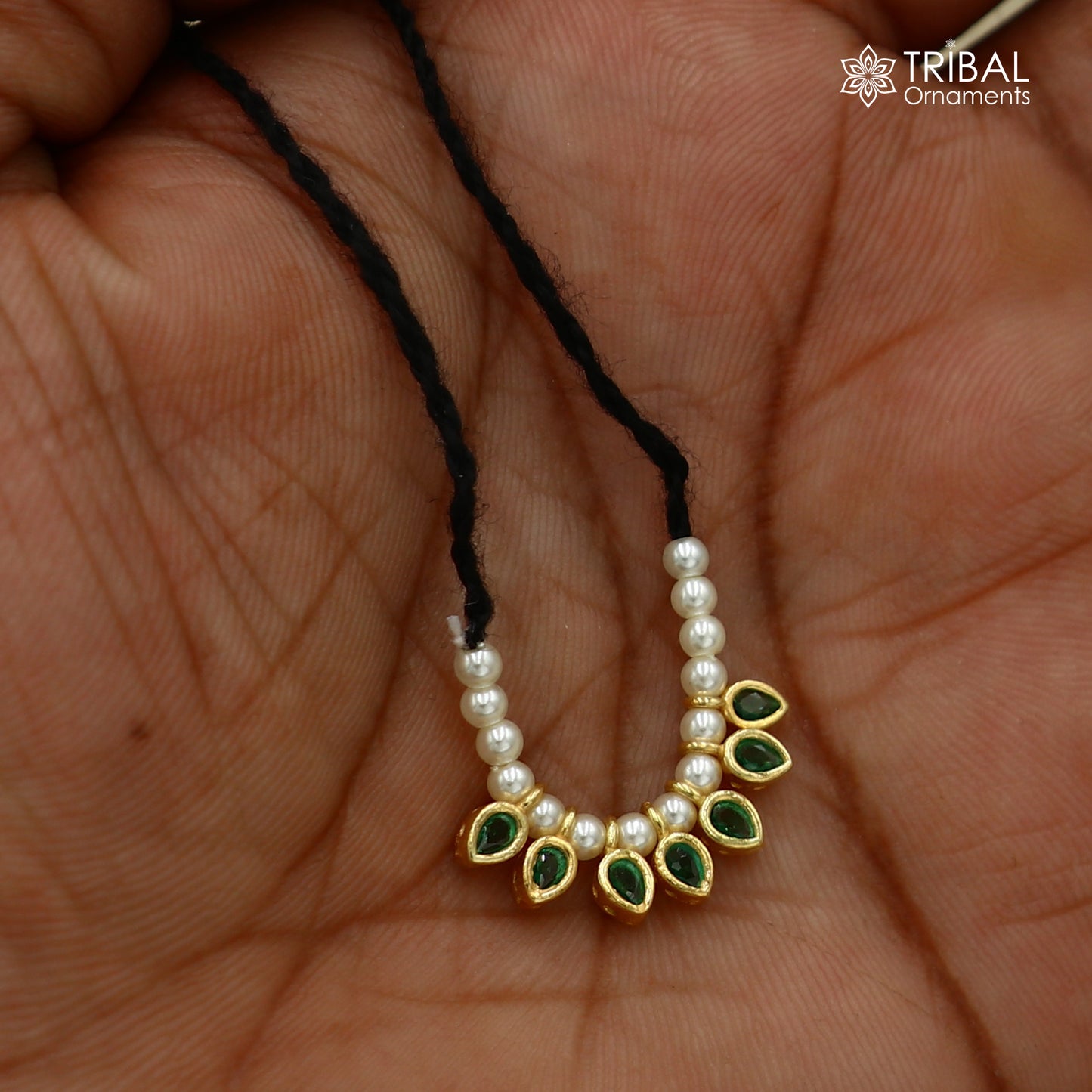 925 sterling silver pearl style green stone necklace for idols or god statues gold polished jewelry set781 - TRIBAL ORNAMENTS