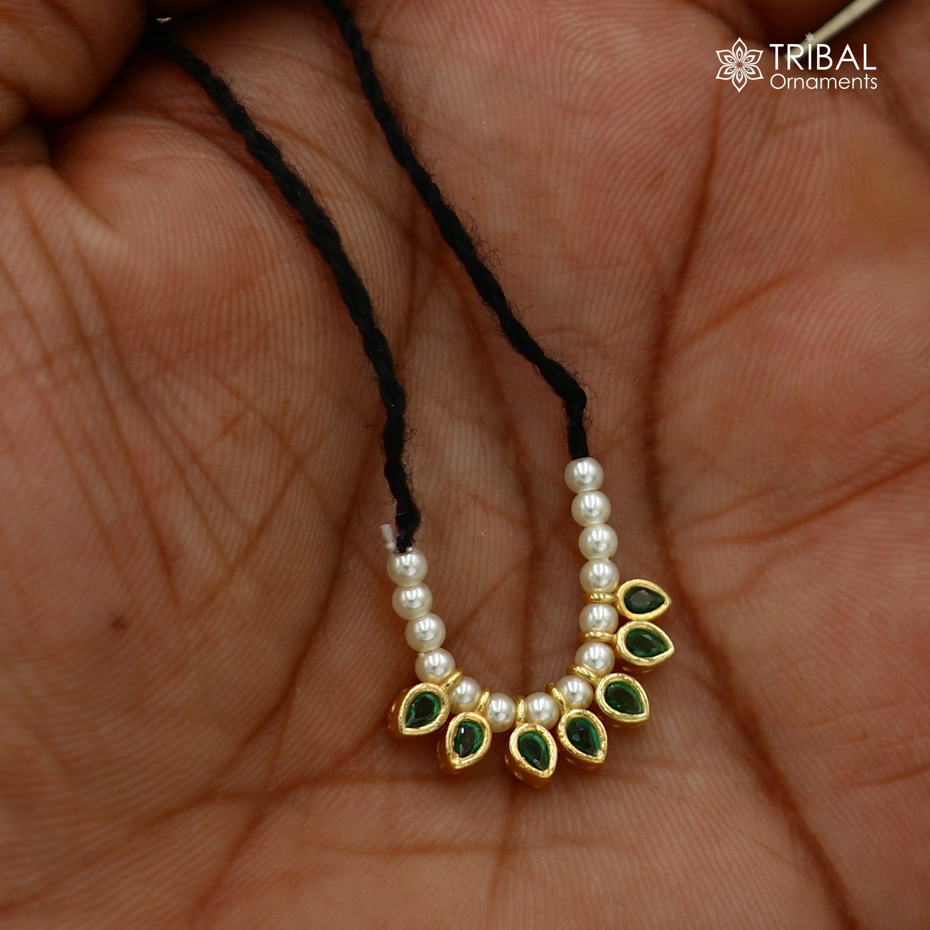 925 sterling silver pearl style green stone necklace for idols or god statues gold polished jewelry set781 - TRIBAL ORNAMENTS