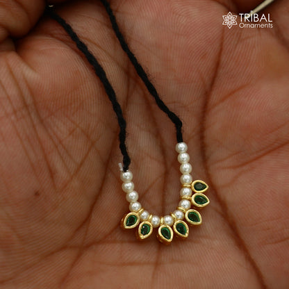 925 sterling silver pearl style green stone necklace for idols or god statues gold polished jewelry set781 - TRIBAL ORNAMENTS