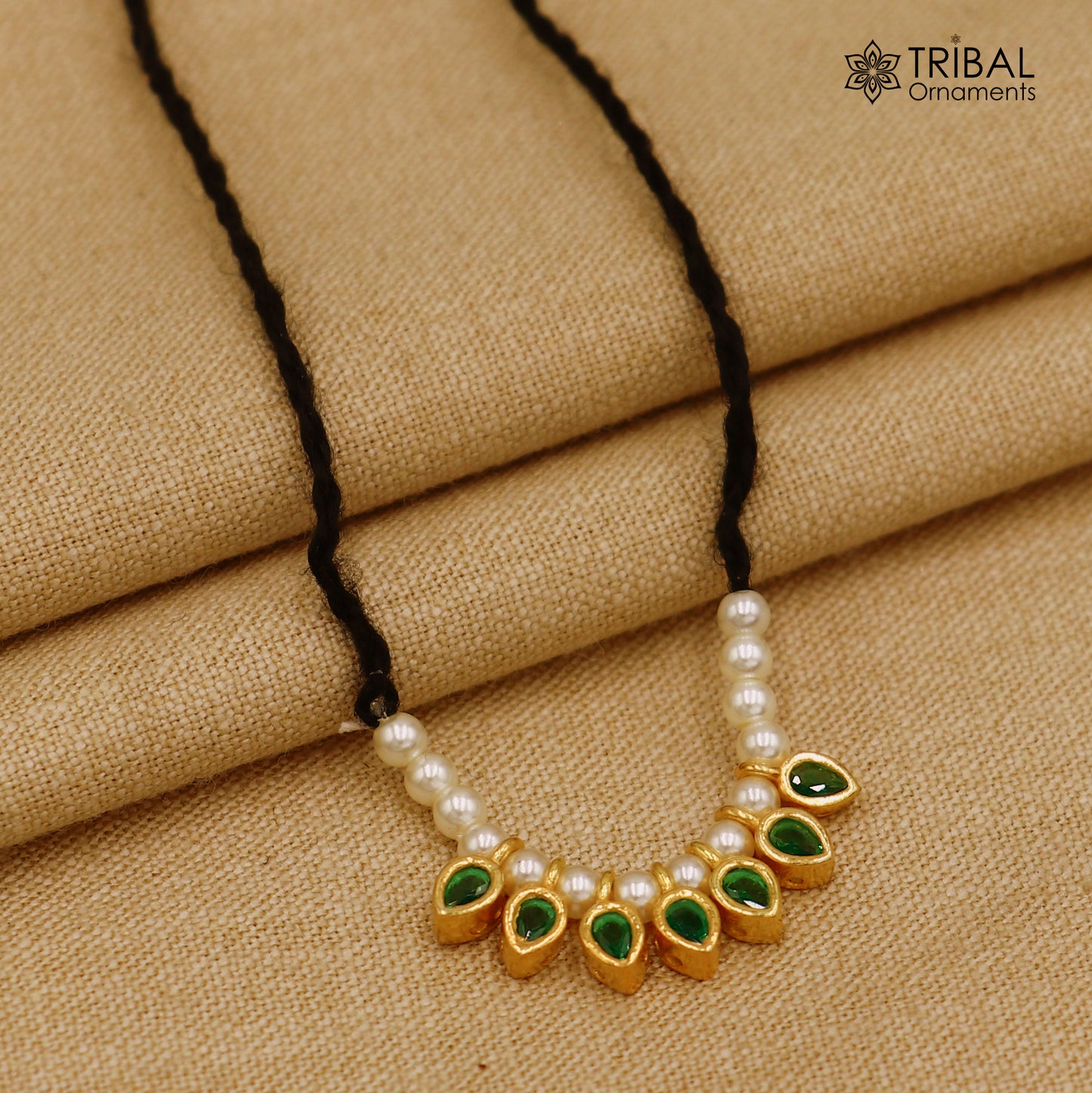 925 sterling silver pearl style green stone necklace for idols or god statues gold polished jewelry set781 - TRIBAL ORNAMENTS