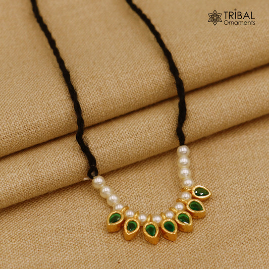 925 sterling silver pearl style green stone necklace for idols or god statues gold polished jewelry set781 - TRIBAL ORNAMENTS
