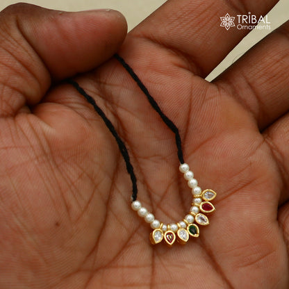 925 sterling silver pearl style multi color stone necklace for idols or god statues gold polished jewelry set782 - TRIBAL ORNAMENTS