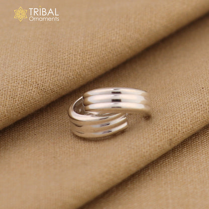 Sterling silver Bali hoops earrings with three sleek lines, tribal ethnic jewelry design by TRIBAL ORNAMENTS