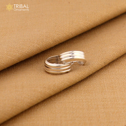 Sterling silver Bali hoops earrings with three plain lines, tribal ethnic jewelry by TRIBAL ORNAMENTS, showcasing traditional design