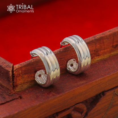 Sterling silver Bali hoops earrings with three sleek lines, tribal ethnic jewelry style, featuring simple yet elegant design.