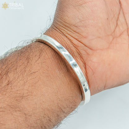 Unisex 925 sterling silver plain bangle bracelet with smooth tribal design, crafted by TRIBAL ORNAMENTS.