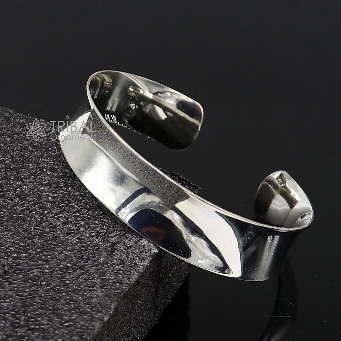Sterling silver bangle bracelet with plain shiny design, stylish cuff Kada from TRIBAL ORNAMENTS, perfect for gifting.