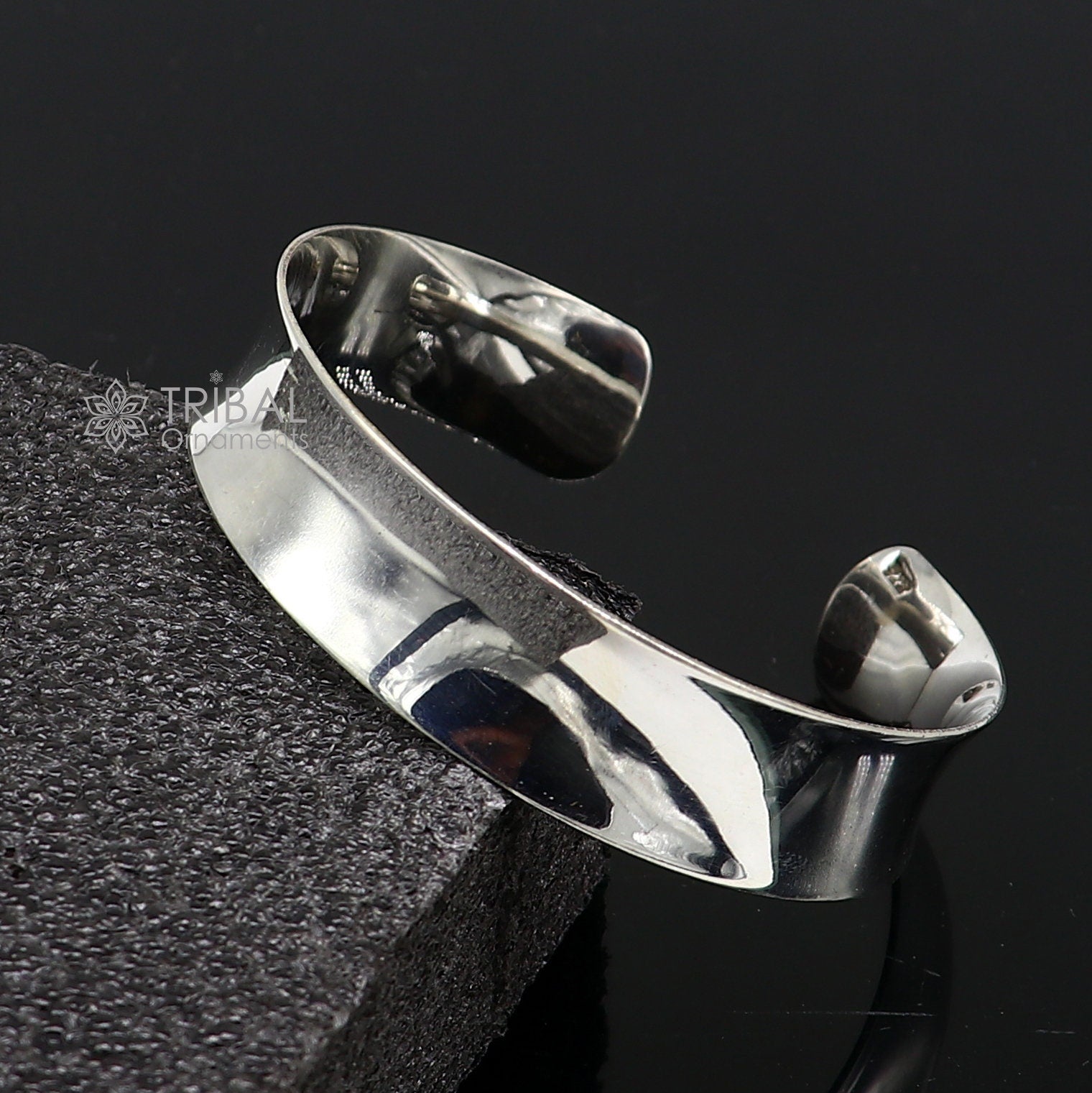 Sterling silver bangle bracelet with plain shiny design, stylish cuff Kada from TRIBAL ORNAMENTS, perfect for gifting.