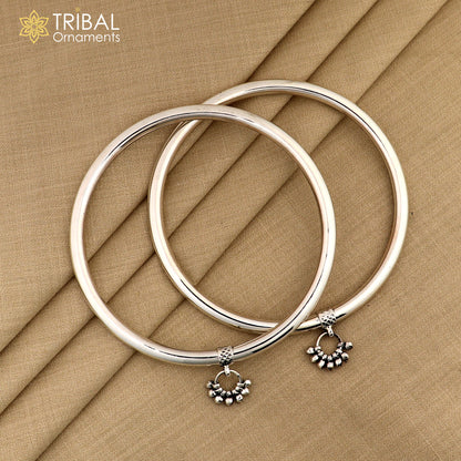 Sterling silver foot bracelet with shiny design, ankle kada with hanging drops, perfect for belly dance accessories.