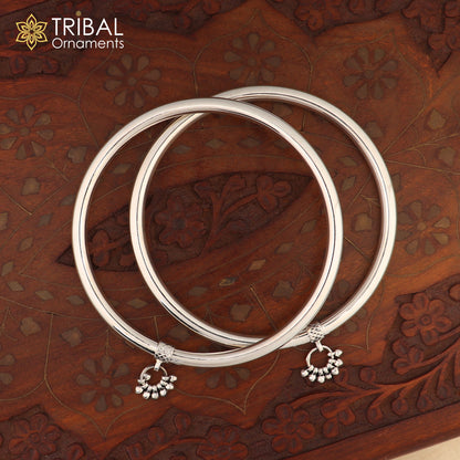 Sterling silver foot bracelet with shiny design, hanging drops, customized ankle kada for belly dance, by TRIBAL ORNAMENTS.