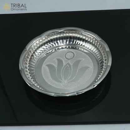 925 sterling silver plate tray for puja utensils, crafted by TRIBAL ORNAMENTS, showcasing traditional silver articles for religious rituals.