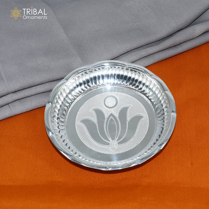 925 sterling silver tray from TRIBAL ORNAMENTS, traditional silver puja utensils with detailed craftsmanship.