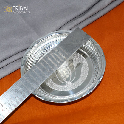 925 sterling silver plate tray from TRIBAL ORNAMENTS, traditional puja utensils for religious rituals and offering ceremonies.