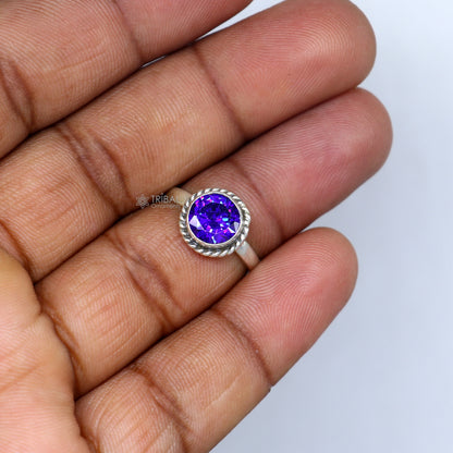 925 sterling silver ring with a purple stone, tribal ornament jewelry design featuring intricate silver detailing.