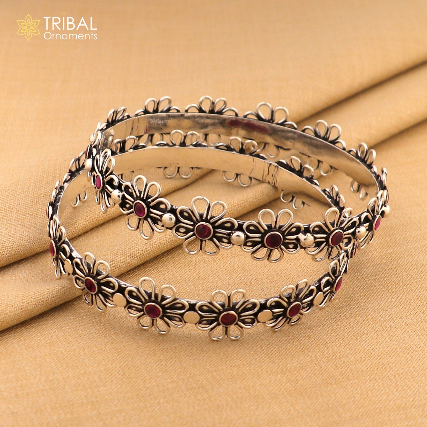 925 sterling silver red stone flower design bangle bracelet jewelry nba441 - TRIBAL ORNAMENTS