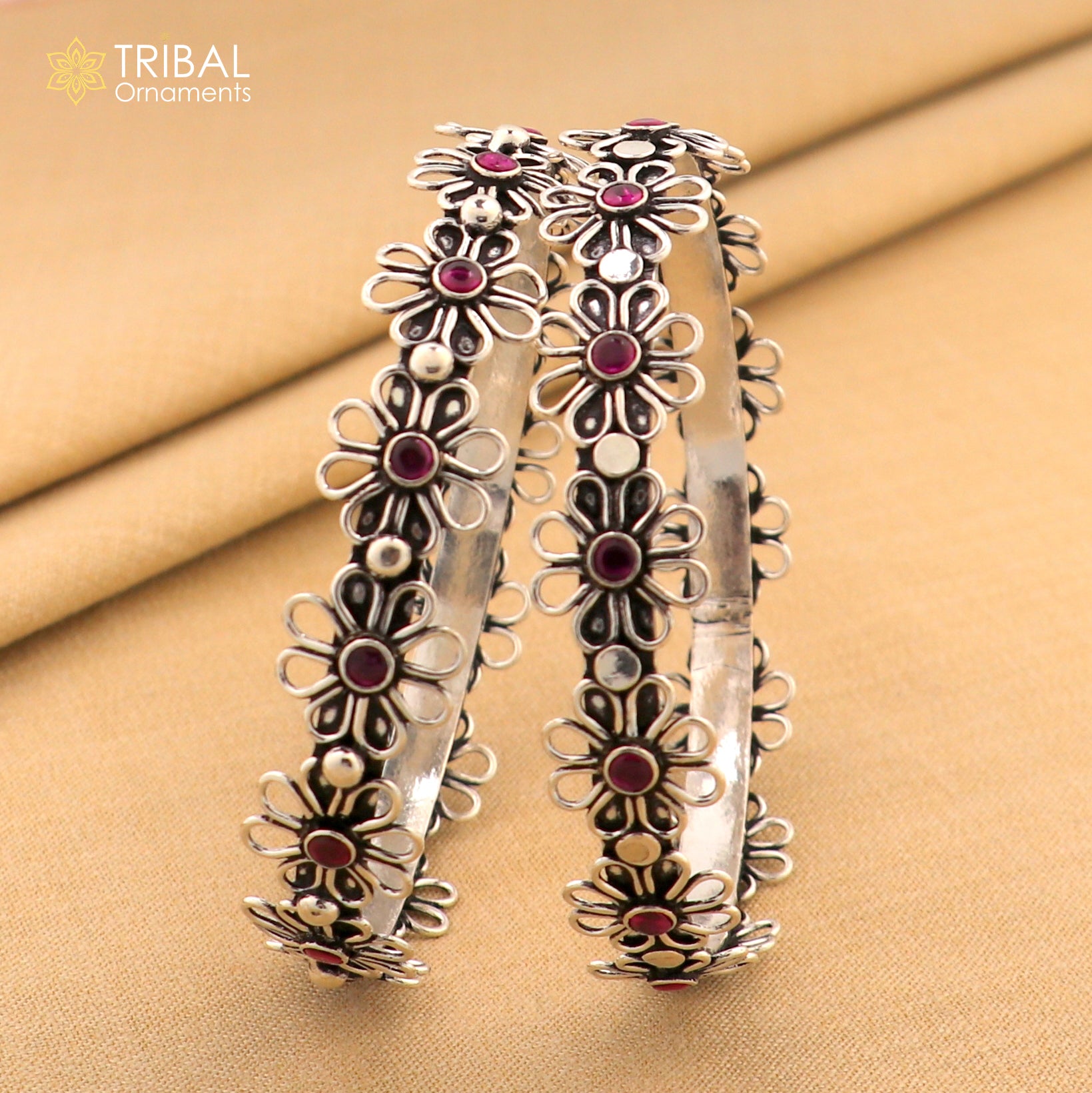 925 sterling silver red stone flower design bangle bracelet jewelry nba441 - TRIBAL ORNAMENTS