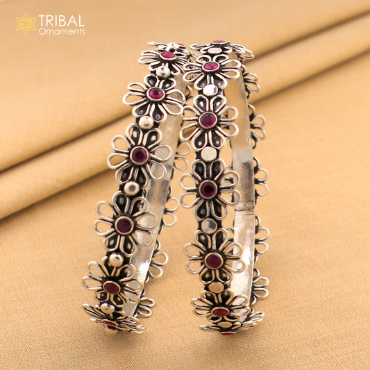 925 sterling silver red stone flower design bangle bracelet jewelry nba441 - TRIBAL ORNAMENTS