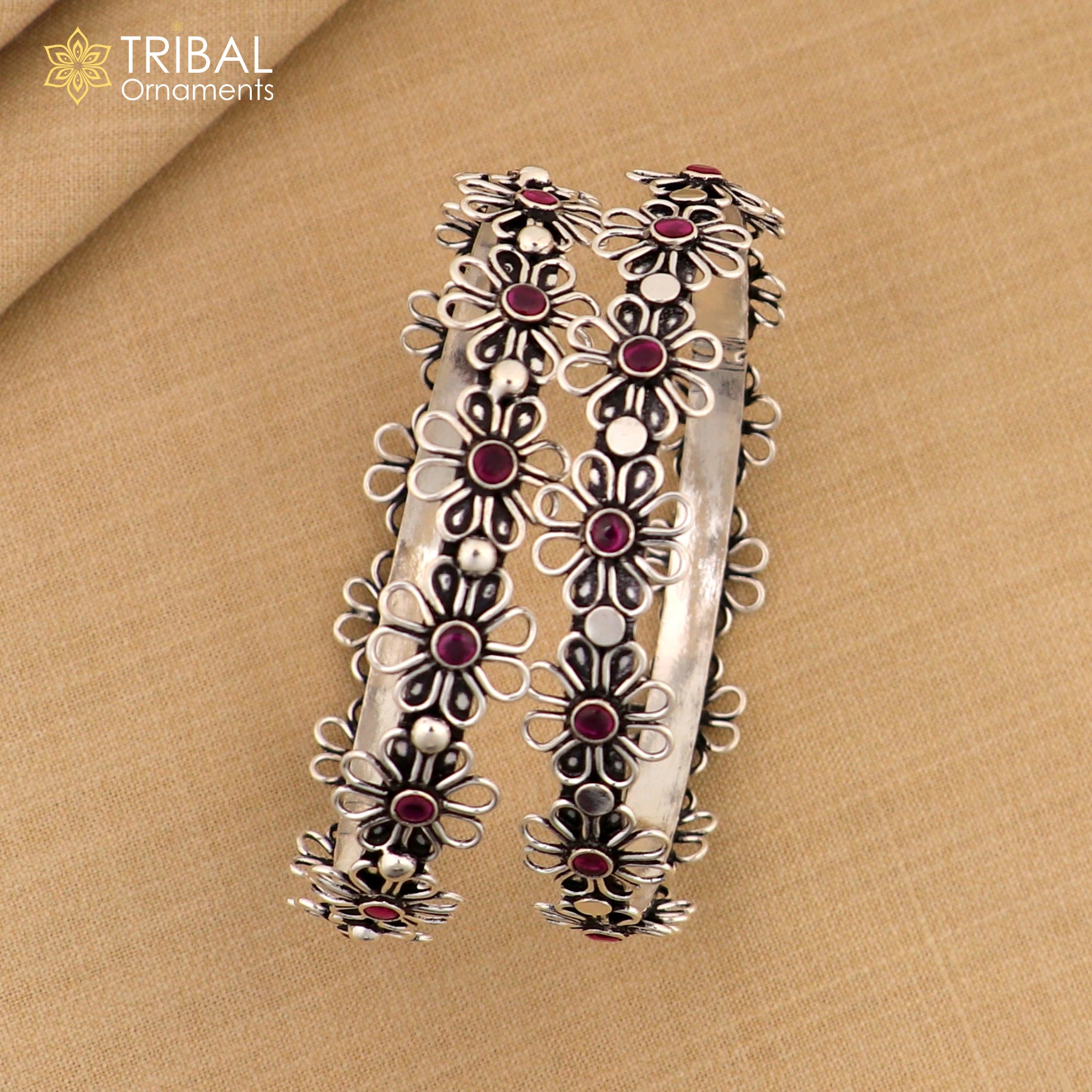 925 sterling silver red stone flower design bangle bracelet jewelry nba441 - TRIBAL ORNAMENTS