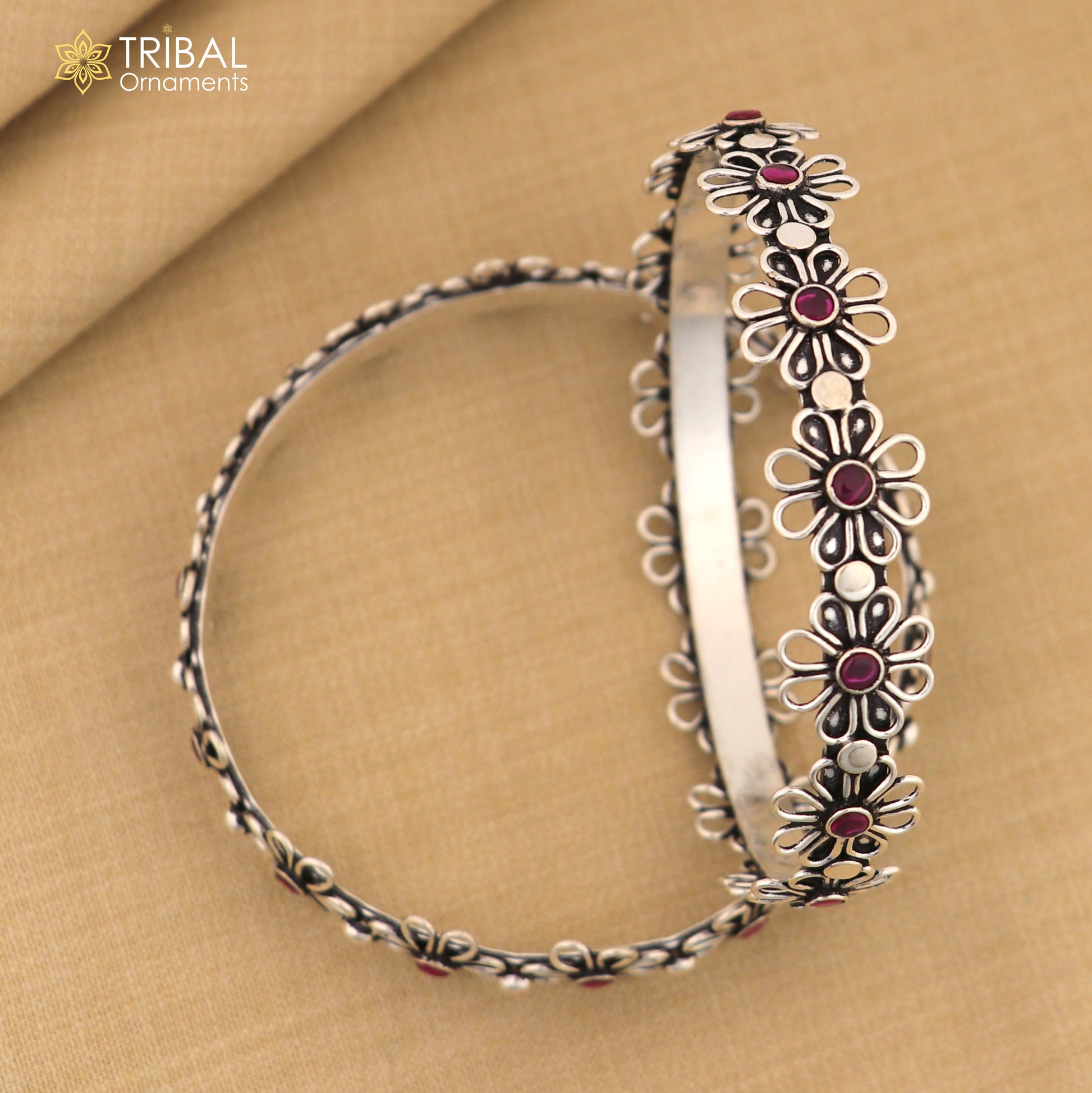 925 sterling silver red stone flower design bangle bracelet jewelry nba441 - TRIBAL ORNAMENTS