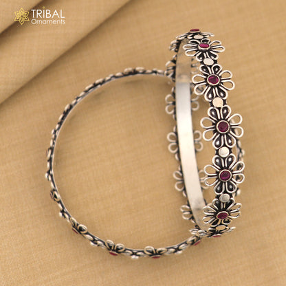 925 sterling silver bangle bracelet with red stone flower design, tribal ornament jewelry, stylish and elegant accessory.