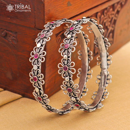 925 sterling silver bangle bracelet with red stone flower design, tribal ornaments jewelry, stylish and decorative accessory