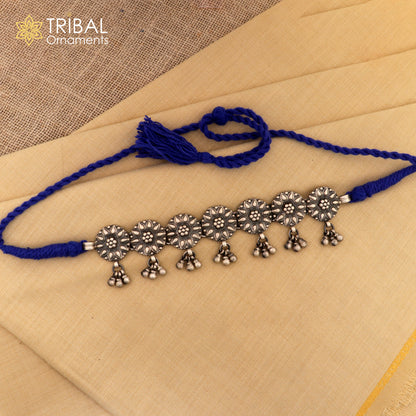 925 sterling silver round floral choker necklace with ethnic tribal charm, part of the Tribal Ornaments jewelry set.