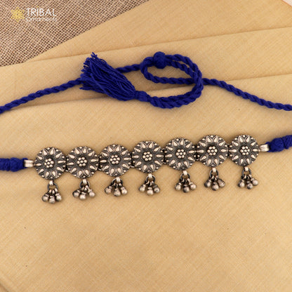 Sterling silver round floral choker necklace from TRIBAL ORNAMENTS, featuring ethnic tribal charm design, part of jewelry set.