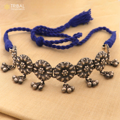 925 sterling silver round floral choker necklace with ethnic charm, tribal jewelry set featuring intricate floral designs.