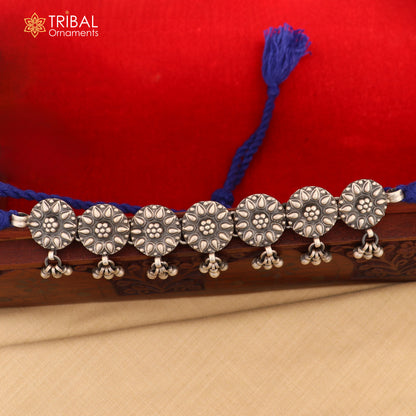 925 sterling silver round floral choker necklace with ethnic charm, tribal jewelry set featuring intricate floral design.