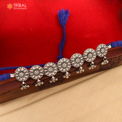 Sterling silver round floral choker necklace with ethnic tribal charm, part of the Tribal Ornaments jewelry set.