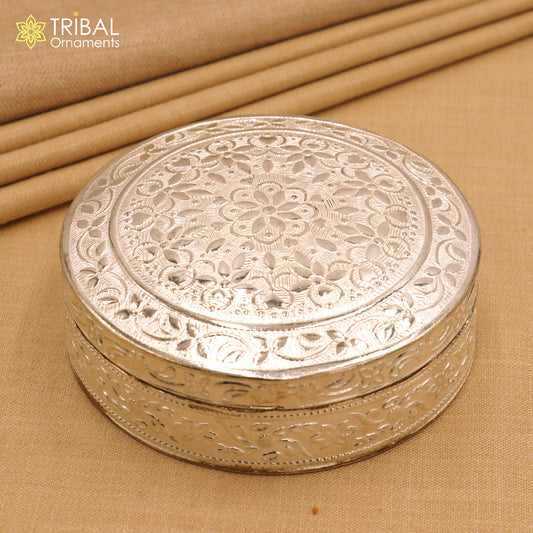 925 Sterling silver round shape trinket box , casket box , sindur box pooja utensils su1350 - TRIBAL ORNAMENTS