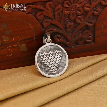 925 Sterling silver Saraswathi Yantra pendant, ethnic jewelry featuring intricate tribal design and spiritual symbolism.