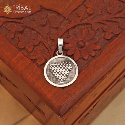 925 Sterling silver Saraswathi Yantra pendant, ethnic jewelry featuring intricate tribal design and spiritual symbolism.