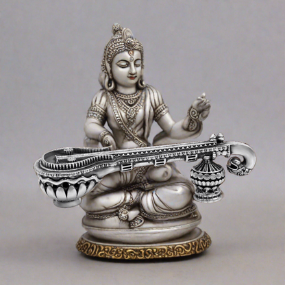 925 sterling silver Saraswati Veena musical instrument, detailed silver veena for Goddess Sharda, ideal for Hindu temple puja offerings.