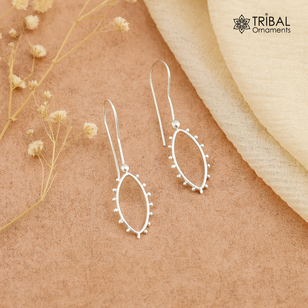 Sterling silver drop dangle hoops earring by TRIBAL ORNAMENTS, shiny, stylish jewelry perfect for brides and gifting from India.